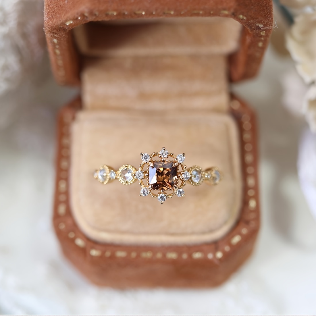 Geometric Diamond Champagne Ring, Coffee December Birthstone, 925 Silver